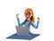3d icon happy young cartoon woman sitting at her workplace threw up her hands in triumph, rejoicing at the completed task.