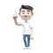 3D icon people kawaii cartoon of a smiling man points with index finger. Bright portrait of a teenage character 