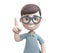 3D icon people kawaii cartoon of a smiling man points with index finger. Bright portrait of a teenage character isolated