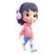 3d icon people kawaii illustration. A casual young girl walks around wearing headphones. Listen to music. Bright portrait of a