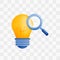 3d icon realistic render style of lamp or bulb inverted with magnifying glass, metaphor of looking for ideas or thoughts,