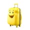 3d icon yellow smiling travel plastic kawaii suitcase with wheels cartoon fluffy isolated Transparent background png. Generative