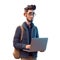 3D icon Young business man working with his laptop in the office or home, employee, freelancer programmer cartoon close up