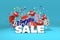 3d illustration. 3d letters winter sale. Packages, bags, gifts and snowflakes on a blue background