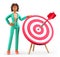 3D illustration of african american woman standing next to a huge target with a dart in the center, arrow in bullseye.