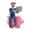 3D illustration of american businessman Bob sitting with Laptop Notebook on Piggy Bank Funds