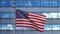 3D illustration American flag waving in a modern city. Tower with USA banner