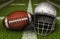 3D Illustration of an American Football and a Football Helmet on the Fifty Yard Line