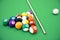 3D illustration American pool snooker balls background. American Billiard. Close up Billiard balls. Bar game. Billiard