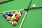 3D illustration American pool snooker balls background. American Billiard. Close up Billiard balls. Bar game. Billiard