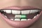 3d illustration antidepressant pill in human mouth with strong teeth