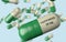 3d illustration antidepressant with word happiness pill close up