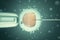 3d illustration Artificial insemination process. Glass needle fertilizing a female egg. Concept, scientific experiment