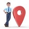 3D illustration of Asian man Felix with Smartphone Standing near GeoPoint sign Mobile Navigation concept