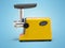 3D illustration assistant orange electric meat grinder for kitchen side view on blue background with shadow