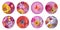 3d illustration, assortment of round botanical stickers isolated on white background. Floral labels collection. Pink red yellow