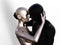 3d illustration. Bald couple hugging. Black man and silver woman on a white background.