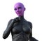 3d illustration of a bald pink skinned female alien with opaque eyes on a white background
