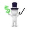 3D illustration of banker with top hat with arms raised and doll