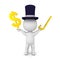 3D illustration of banker with top hat with arms raised and gold