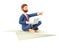 3D illustration of bearded creative man with laptop flying on a huge paper airplane. Cartoon smiling businessman in yoga lotus