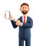 3D illustration of bearded man holding smartphone and showing blank screen. Close up portrait of cartoon smiling businessman