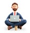 3D illustration of bearded man with laptop sitting on the floor. Cartoon smiling businessman in yoga lotus position.