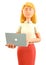 3D illustration of beautiful blonde woman holding laptop. Close up portrait of cartoon smiling attractive businesswoman