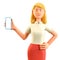 3D illustration of beautiful blonde woman holding smartphone and showing blank screen.