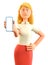 3D illustration of beautiful blonde woman holding smartphone and showing blank screen.