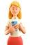 3D illustration of beautiful blonde woman looking at smartphone and chatting. Businesswoman talking and typing on the phone