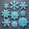 3D illustration of beautiful ornate snowflakes, bright shiny white and blue colors on a dark background. winter theme.