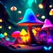 3d illustration of a beautiful psychedelic mushroom in a dark environment. Generative AI