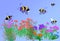 3d illustration of bees flying over flowers and plants.