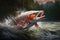 3d illustration of a big salmon fish jumping out of the water, Action shot of a salmon jumping out of the water in a clear stream