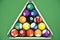 3D illustration Billiard balls arranged in a triangle viewed from above, top view. Snooker, Pool game, Billiard concept