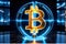 3D illustration of bitcoin in glass, blue neon lights, high use of vfx