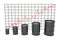 3d illustration: Black barrels of oil graph chart stock market with red line arrow on a grid. Petroleum business, black gold, ga