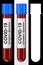 3D illustration of a blood test tube with positive COVID-19 test over black and white background with alpha map.