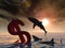 3D illustration bloody dollar symbol or sign sinking in water or sea, with black sharks eating, metaphor or concept