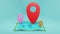 3D illustration blue background,red location symbol pin icon on map,