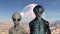 3d illustration of a blue and grey alien standing close to each looking forward with mouths slightly open in a scowl on a barren