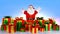 3D illustration of bulky Santa Claus with multiple presents