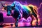 3d illustration of a bull surrounded by neon lights trading on a laptop, crypto trading concept