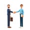 3D illustration of business handshake. Cute cartoon smiling man with laptop and bearded businessman with briefcase