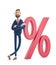 3d illustration. Businessman Billy and big percent icon. Concept business interest rate.