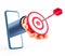 3D illustration of businessman hand through smartphone screen, holding a modern target with dart in the center, arrow in bullseye