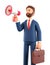 3D illustration of cartoon bearded man holding a speaker. Cute standing  businessman with briefcase