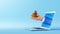 3d illustration. Cartoon character businessman hand holds poop, sticking out the laptop screen. Internet business clip art