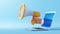 3d illustration. Cartoon character businessman hand sticking out the laptop screen, holding megaphone. Online social media clip